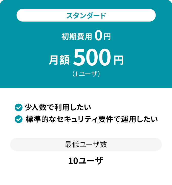 スタンダード 初期費用 0円 月額 500円 （1ユーザ）少人数で利用したい 標準的なセキュリティ要件で運用したい 最低ユーザ数 10ユーザ