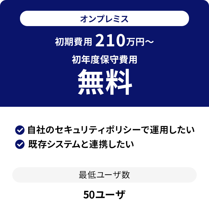 オンプレミス 初期費用 200万円〜 初年度保守費用無料 自社のセキュリティポリシーで運用したい 既存システムと連携したい 最低ユーザ数 10ユーザ